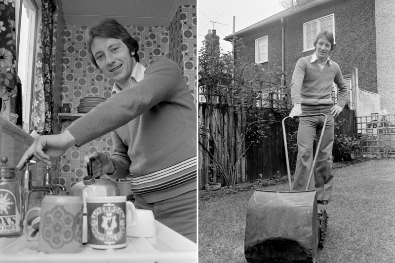Liverpool midfielder Jimmy Case makes a cup of tea and mows the lawn just days after his £500 transfer from South Liverpool to Anfield. He would go on to win four league titles and three European Cups in 269 appearances for the Reds.