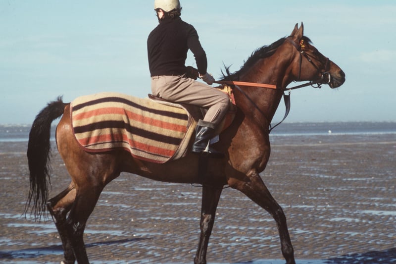 Red Rum trains on the beach ahead of the Grand National at Aintree. He won it three times, in 1973, 1974, and 1977.
