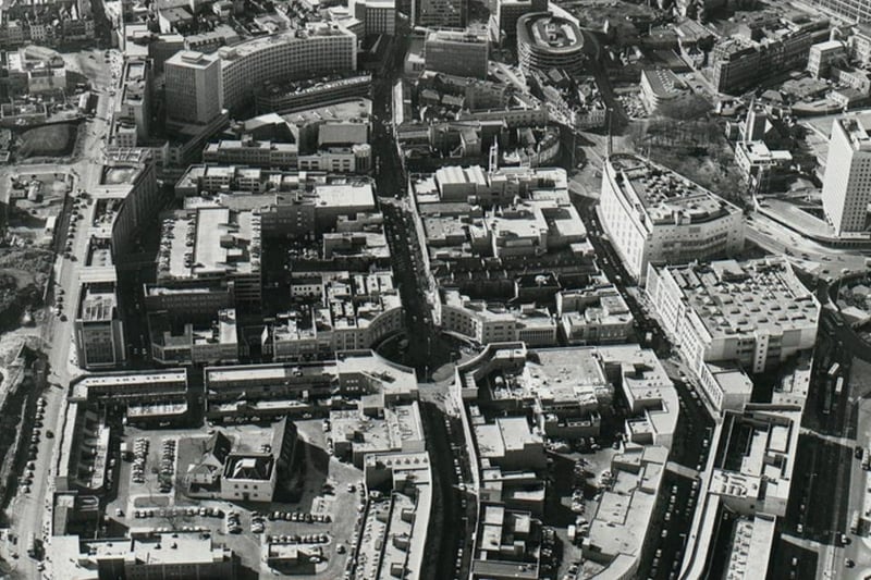 Looking west over Broadmead, bounded by St.John-the-Baptist’s church, Avon House North, Bond Street, Penn Street, Broad Weir and Newgate.