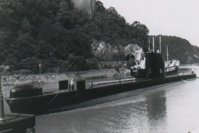 Submarine S11 HMS Orpheus in the river Avon, on her way to a courtesy visit to the City Docks.