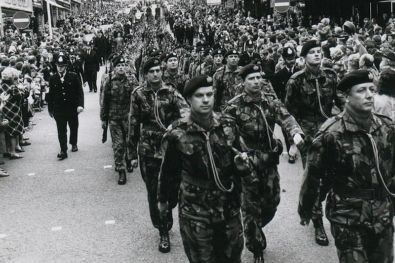 The Gloucestershire regiment marching through the streets of Bristol (Union Street) during the Bristol 600 celebrations.