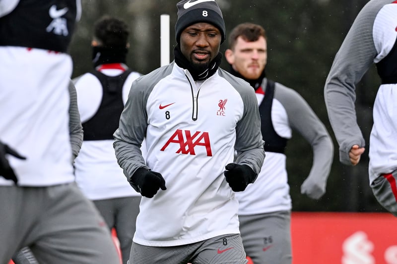 The midfielder was spotted running with a member of Liverpool’s backroom staff in training away from the main group. That suggests he won’t be ready.