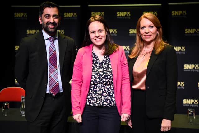 Kate Forbes (centre) has beaten opponents Humza Yousaf (left) and Ash Regan (right). Credit: PA