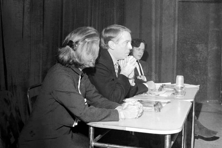 Kenneth Tynan (second from left) taking part in a debate on censorship, at the Royal Court Theatre in November 1965, after he swore on television on a Saturday night programme.  (Photo Mirrorpix/Omnibus)
