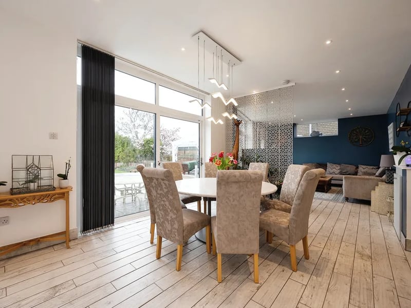 The dining area looks out onto the garden