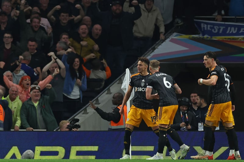 Leeds fans celebrate Rodrigo’s goal at Tottenham