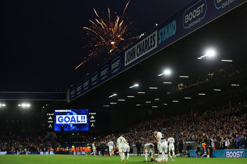 Fireworks are lit after a Leeds goal in the 4-3 win over Bournemouth