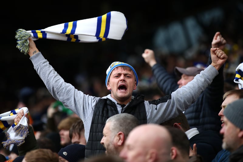 A Leeds United fan shows their support during the Premier League match between Leeds United and Brighton & Hove Albion