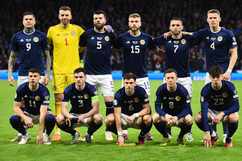 Back row left to right, Lyndon Dykes, Angus Gunn, Grant Hanley, Ryan Porteous, John McGinn and Scott McTominay  and front row left to right, Ryan Christie, Andrew Robertson, Kieran Tierney, Callum McGregor and Aaron Hickey  pose ahead of the UEFA Euro 2024 group A qualification football match between Scotland and Spain at Hampden Park stadium in Glasgow, on March 28, 2023. 