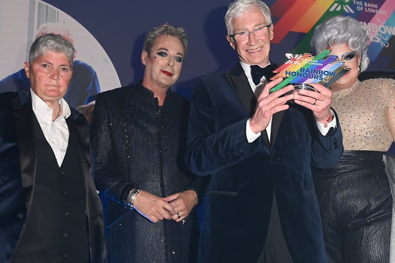 Linda Riley, Julian Clary, Paul O’Grady and Victoria Scone attend the Rainbow Honours at 8 Northumberland Avenue on June 1, 2022.