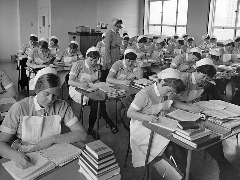 March 1 1968: Student nurses working during a class at the School of Nursing, St Bartholomew’s Hospital, London. (Photo by Fox Photos/Getty Images)