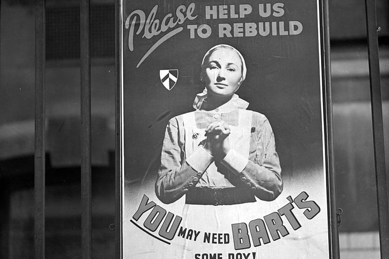 1939:  A poster exhorting the public to give money to the Mansion House Fund for the rebuilding of St Bartholomew's Hospital, London.  (Photo by London Express/Getty Images)