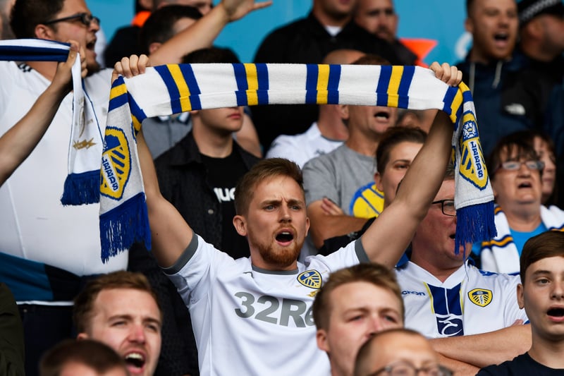 A fan of Leeds United shows his support during the Sky Bet Championship match between Leeds United and Nottingham Forest at Elland Road on August 10, 2019