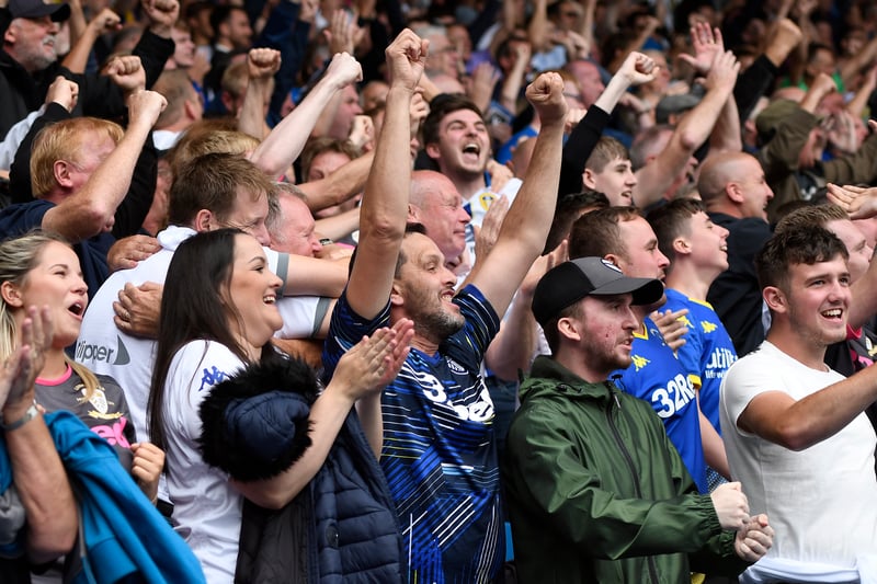 Leeds United fans celebrate during the Sky Bet Championship match between Leeds United and Nottingham Forest at Elland Road on August 10, 2019