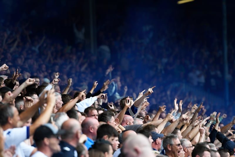 Another angle of Leeds United fans celebrating during the Sky Bet Championship match between Leeds United and Nottingham Forest at Elland Road on August 10, 2019