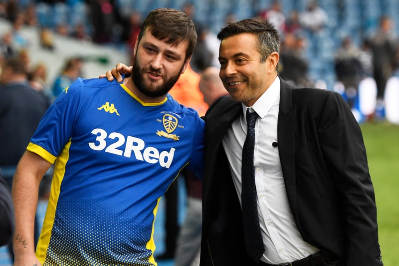 Andrea Radrizzani Chairman of Leeds United poses for a photograph with a Leeds United fan prior to the Sky Bet Championship match between Leeds United and Brentford at Elland Road on August 21, 2019
