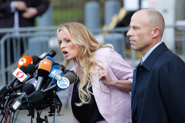 Adult-film actress Stephanie Clifford, also known as Stormy Daniels speaks US Federal Court with her lawyer Michael Avenatti (R) on April 16, 2018, in Lower Manhattan, New York (Credit: Getty Images)
