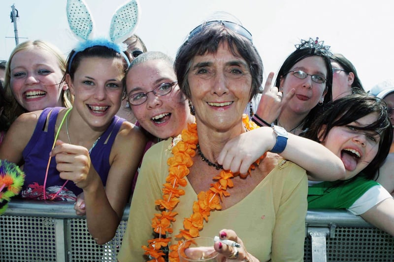 Actress June Brown of EastEnders poses with the gathered crowd at T4 On The Beach.