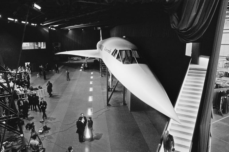 The full scale, wooden mock-up of the new Concorde supersonic airliner on display at the British Aircraft Corporation in Filton in March, 1967