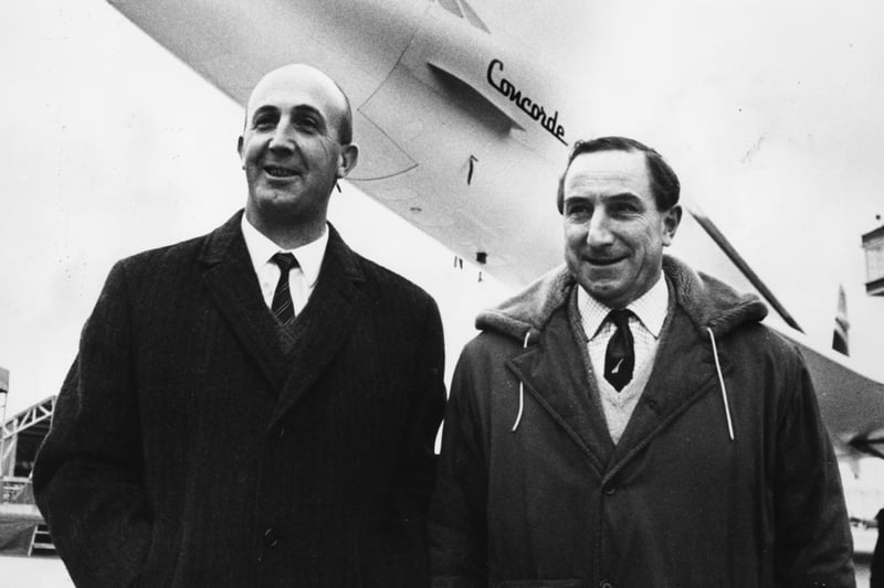 Test pilot Brian Trubshaw (right), British Corporation Chief pilot, with Andre Turcat, French Sud Aviation Chief Test Pilot, meeting in front of a Concorde supersonic airliner which they will both by the first to fly in their respective counties, at BAC headquarters in Filton on December 9 1968. 