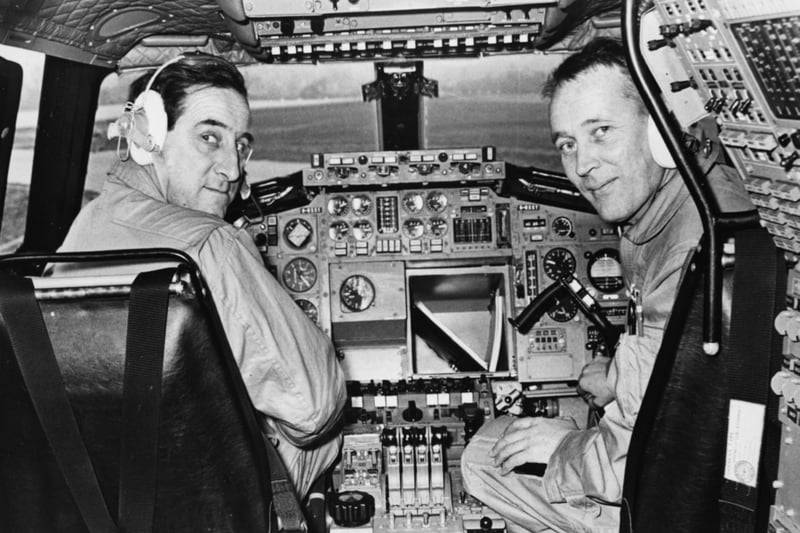 Test pilot Brian Trubshaw (left) and his co-pilot John Cochrane pictured in the cockpit of the Concorde 002 aircraft as they prepare to take off for the first time