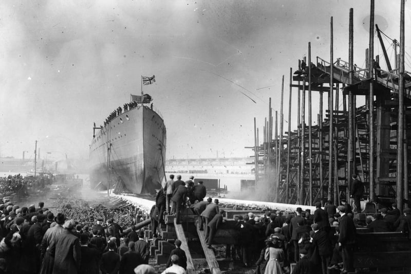 The launching of HMS Indomitable at Fairfield shipyards, one of three Invincible-class battlecruisers built for the Royal Navy before World War I . (Photo by Topical Press Agency/Hulton Archive/Getty Images)