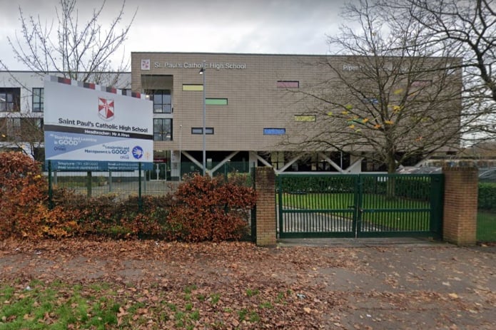 St Paul’s Catholic High School in Wythenshawe was running 0.7% above capacity in the 2021-22 academic year, with 900 places but 906 students on roll. Photo: Google Maps