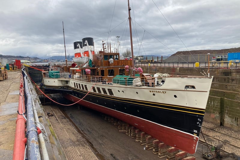 This year’s dry docking saw a variety of works undertaken including the annual hull survey and repainting, steel renewals in both paddleboxes, the rudder removed for inspection and much work on the paddles.