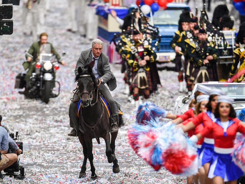 Harrison Ford’s body double rides a horse down St. Vincent Street (Pic: Jeff J Mitchell)