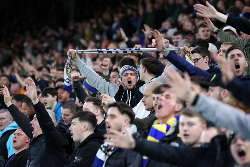  A Leeds United fan shows their support from the stands prior to the Premier League match between Leeds United and Nottingham Forest