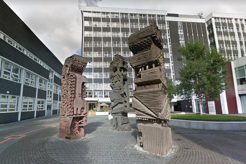 William Mitchell’s Minut Men, located outside Salford University’s Allerton Building, feature three tall statues (Faith, Hope, Charity). They were erected in 1966 and stand at 15-feet tall, weighing five tonnes. Photo: Google Maps