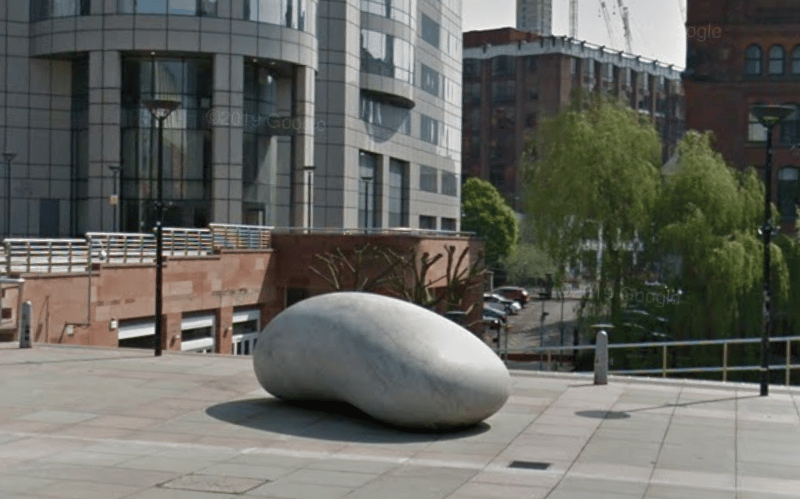 This piece by Japanese artist Kan Yasada is known as the Ishinki Touchstone and was commissioned by Manchester Airport and the Arts Council Lottery Fund in 1996. Ishinki means 'form returning to its heart.' Photo: Google Maps