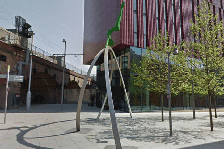 Up There was created by artist Colin Spofforth. The series of five sculptures are designed to blend in with the treeline, leading viewer’s eye “up there.” You can find them at First St. Photo: Google Maps