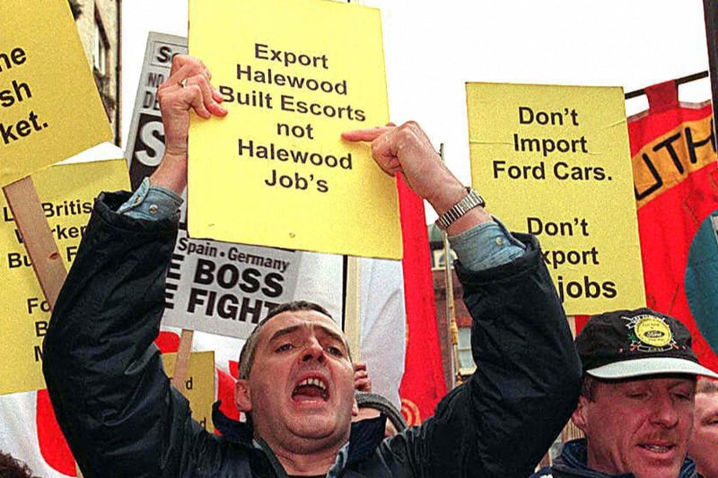 Ford workers from the Halewood plant Merseyside take strike action in protest at plans by Ford to axe 1,300 jobs.