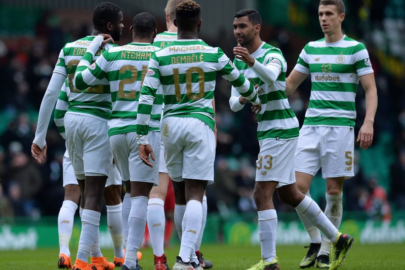 Moussa Dembele celebrates scoring his second goal of the game with his team mates during the Scottish Cup Quarter Final against Greenock Morton