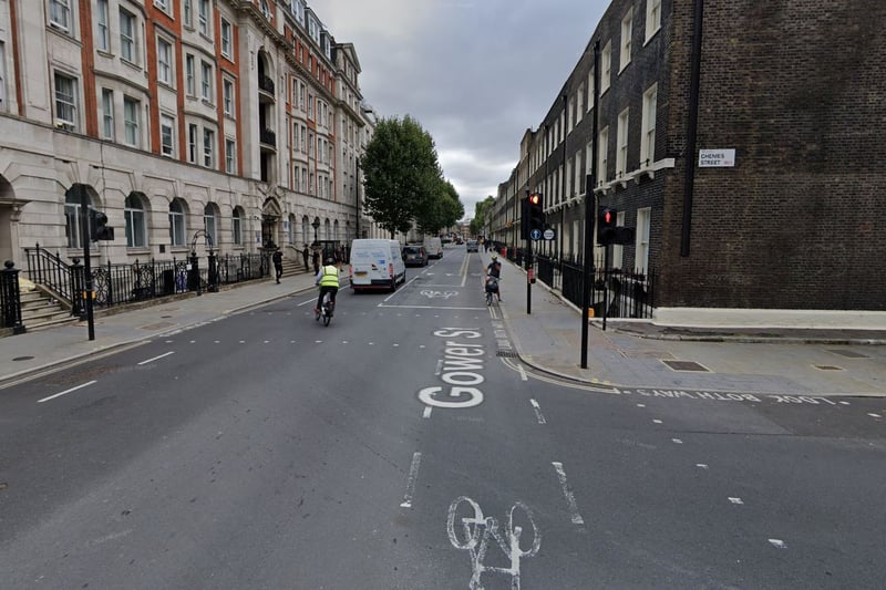 Just up from Bloomsbury Street, this image shows another section of Cycleway 10, on Gower Street.