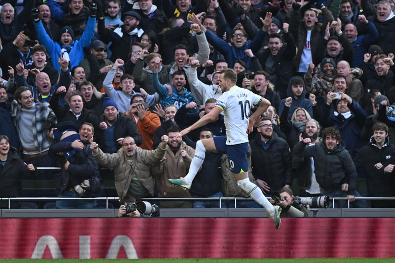 Harry Kane, Tottenham’s greatest striker, celebrates in front of supporters after scoring against Chelsea at Tottenham Hotspur Stadium on February 26, 2023. (Photo by Justin Tallis/AFP/Getty)