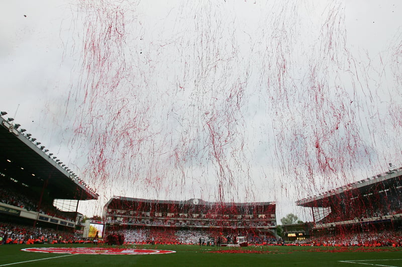 Fireworks and streamers explode after the Barclays Premiership match between Arsenal and Wigan Athletic at Highbury on May 7, 2006 in London.