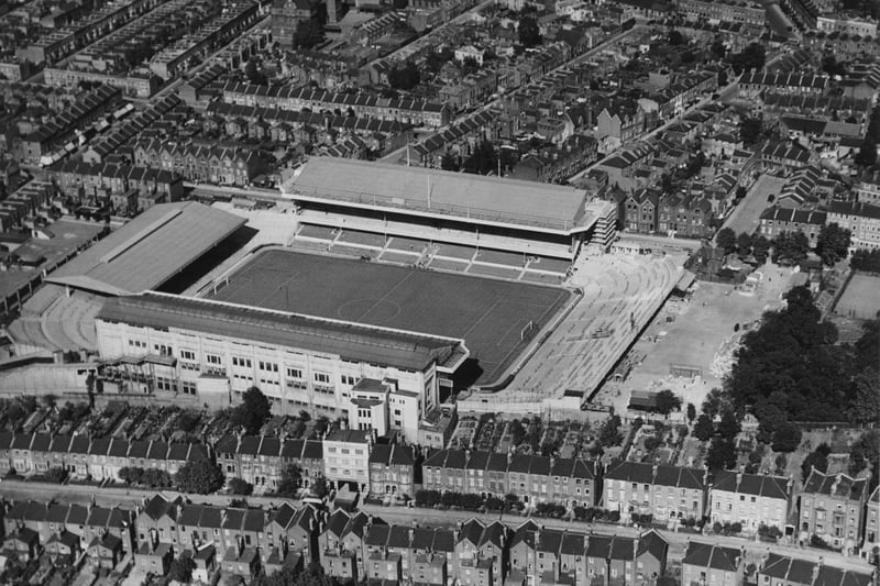 An aerial view of Highbury and the streets and houses surrounding it.