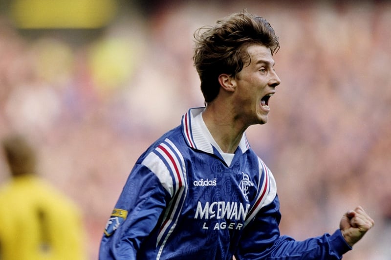 Brian Laudrup celebrates Rangers second goal during a 2-2 Scottish Premier League draw against Aberdeen at Ibrox