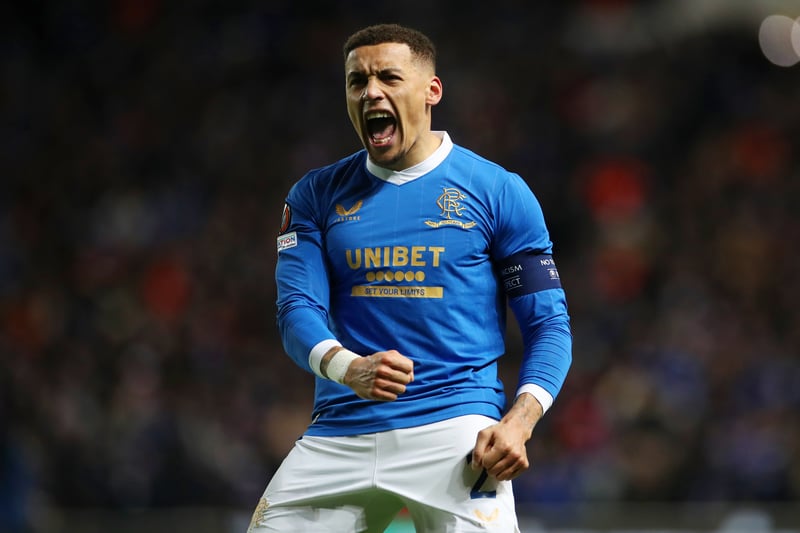 James Tavernier  celebrates scoring to make it 1-0 during the UEFA Europa League Knockout Round Play-Offs second leg against Borussia Dortmund at Ibrox
