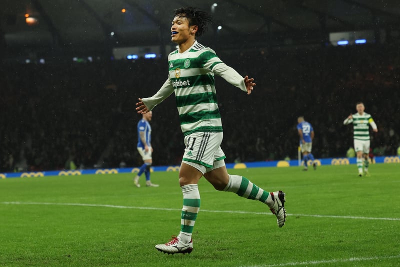 Reo Hatate celebrates after scoring his team’s second goal which was then judged to be offside by VAR during the Viaplay Cup Semi-final match against Kilmarnock