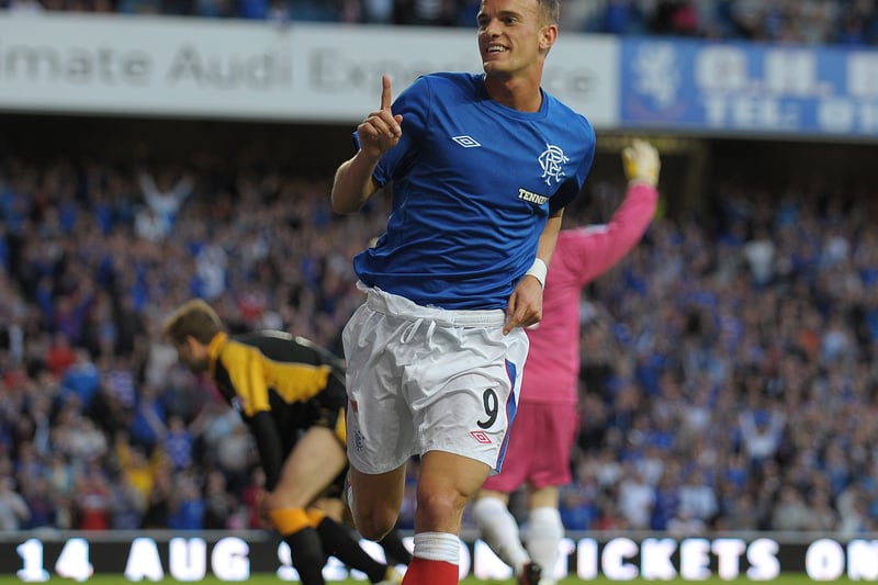 Dean Shields celebrates his goal during the Scottish Communities League Cup First Round against East Fife at Ibrox