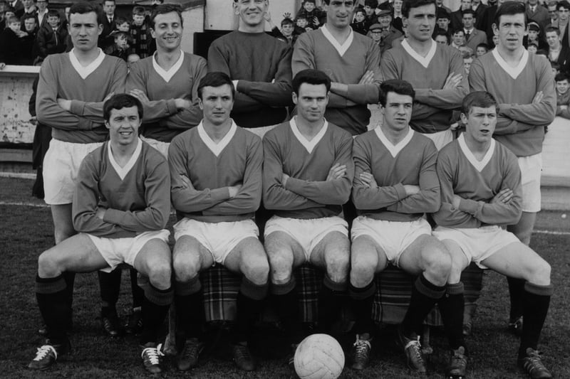 The Glasgow Rangers team, (left to right), back row, Martin, Johansen, David Provan, Sandy Jardine, McKinnon and John Greig. Front row, Willie Henderson, A Smith, Hynd, D Smith and Derek Johnstone