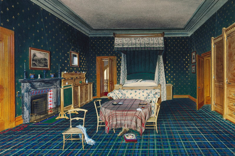 James Roberts’ watercolour of the Queen’s bedroom resplendent in tartan at Balmoral Castle from 1857. 