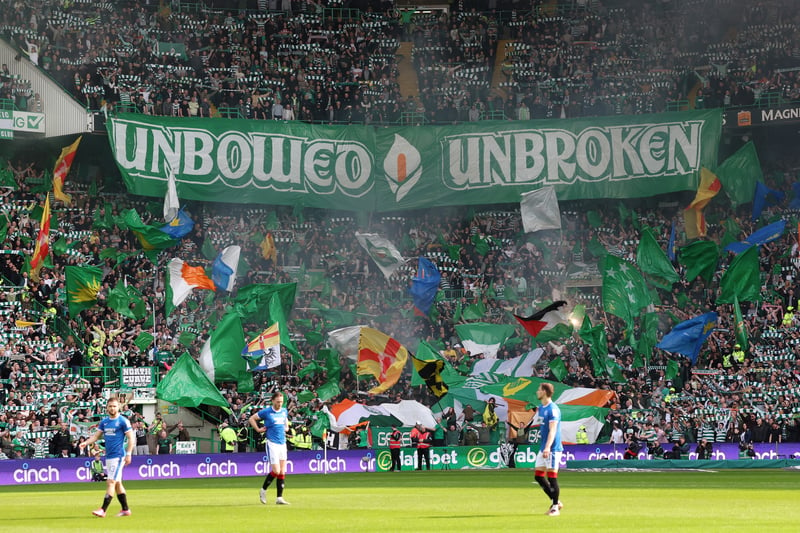 Celtic fans unveil a banner reading “unbowed, unbroken” during last weekend’s Old Firm derby against Rangers