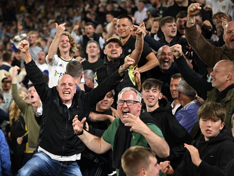 Leeds fans celebrate their goal during the English Premier League football match between Leeds United and Everton last August.
