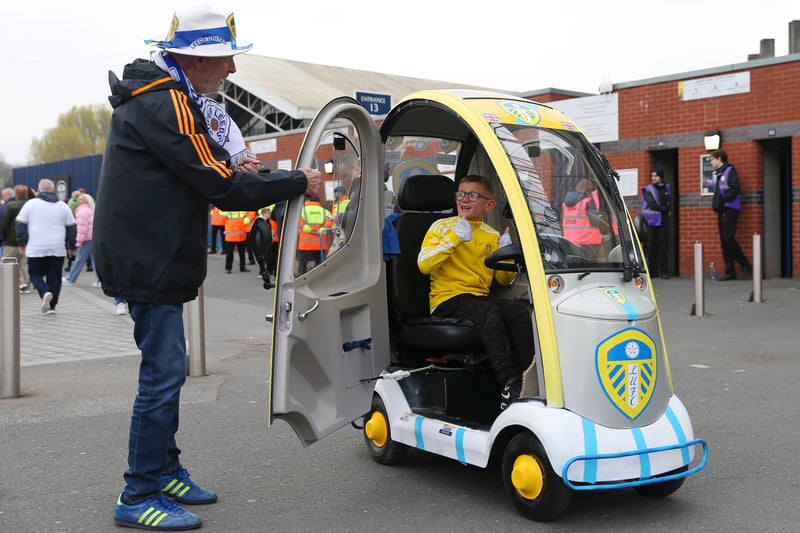 Fans of Leeds United outside the stadium prior to the Premier League match between Leeds United and Crystal Palace at Elland Road on April 09, 2023.
