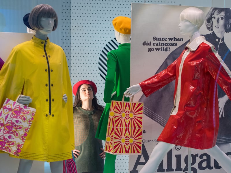 In the 1960s, PVC was a new material available to designers - and Quant loved it and fully embraced it. She created a range of brightly-coloured PVC raincoats which also had a fun and bold range of features including capes, zips and contrasting collars and cuffs.