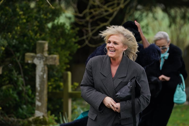 Coronation Street star Sally Lindsay arriving for the funeral of Paul O'Grady at St Rumwold's Church in Aldington, Kent.